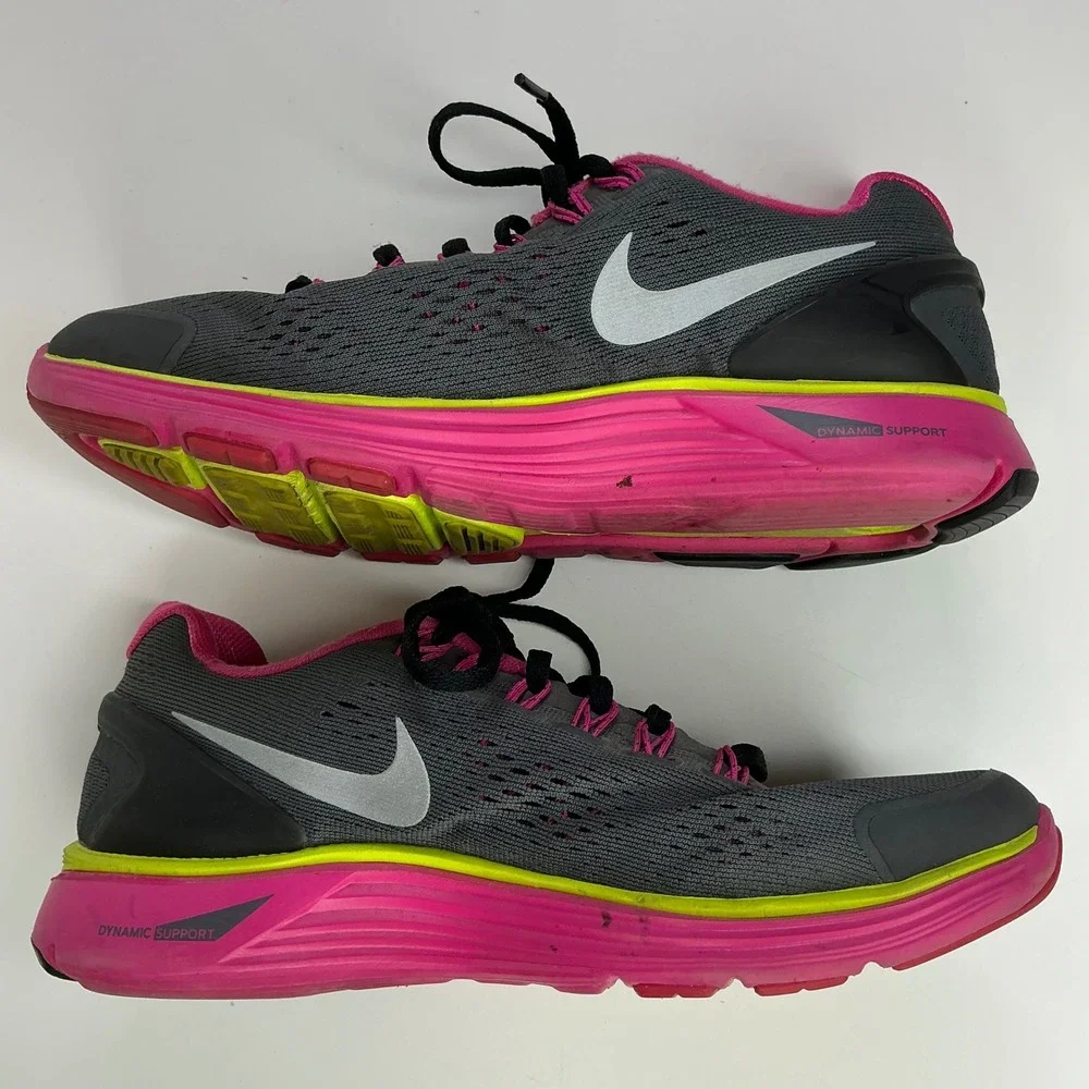 Nike Grey Pink LunarGlide 4 Running Shoes Girls 5Y 525371-001 Lunarlon Neon